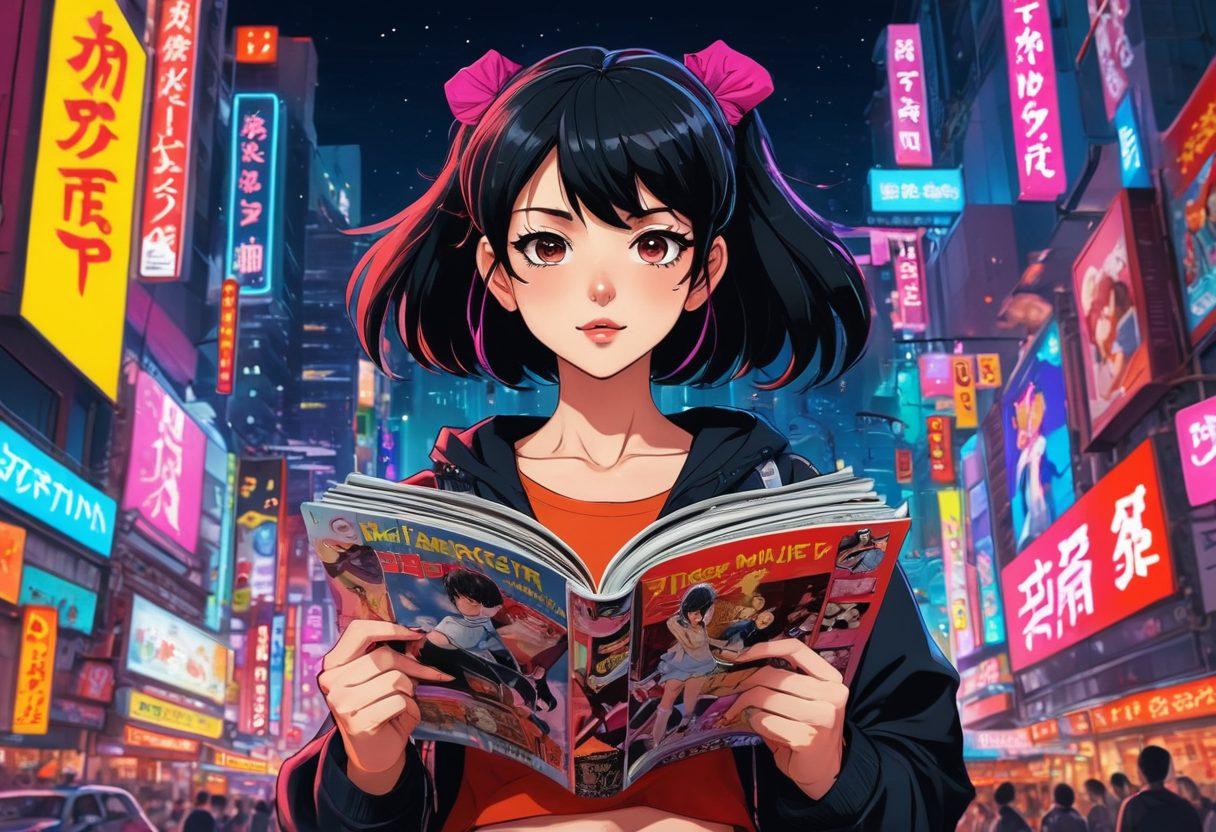A dynamic collage showcasing popular anime characters, with vibrant neon lights and stylish manga-inspired backgrounds. Include a fashionable character holding a stack of anime magazines. The scene should evoke the excitement of anime fandom and the latest trends. Vibrant colors with a touch of cyberpunk. Dynamic cartoon style.